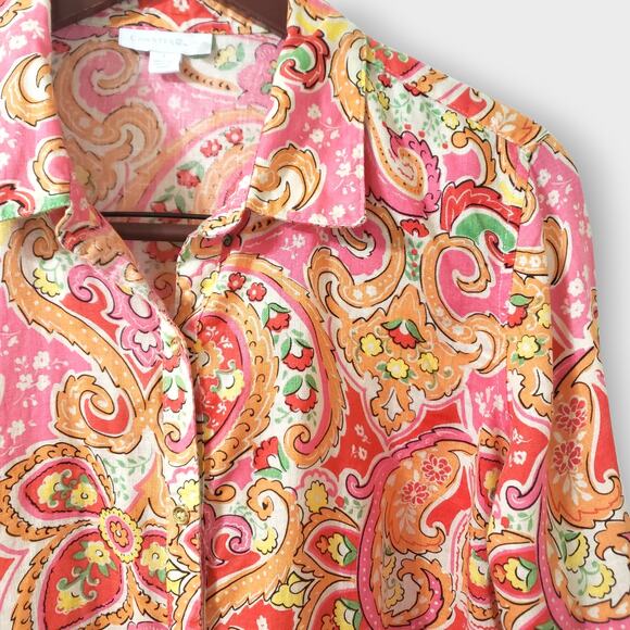 Charter Club Womens 100% Linen Floral Paisley Button Up Shirt Pink Multi Large - Picture 4 of 14